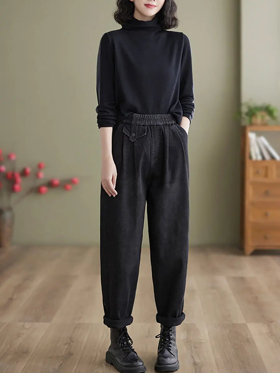 Women Casual Fleece-lined Denim Harem Pants Ada Fashion