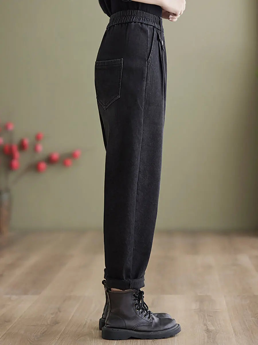 Women Casual Fleece-lined Denim Harem Pants Ada Fashion