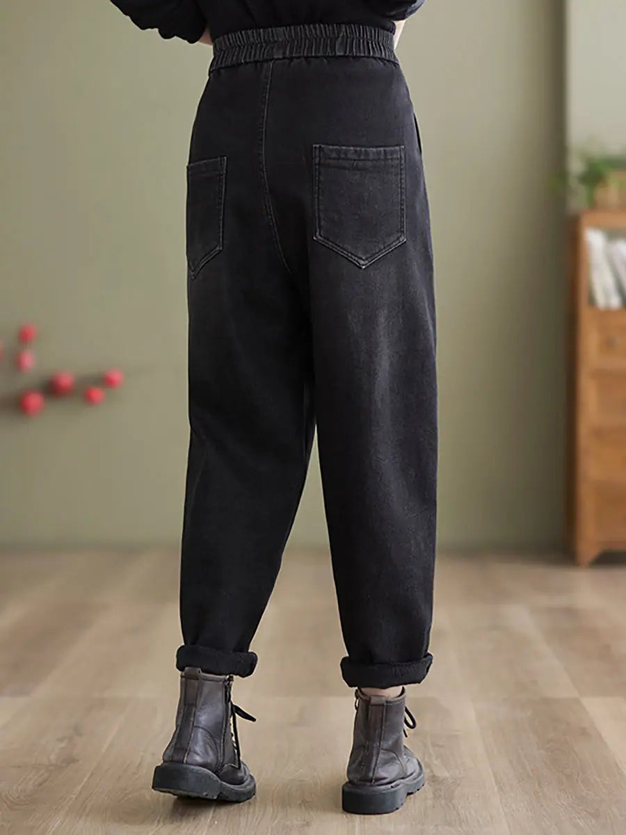 Women Casual Fleece-lined Denim Harem Pants Ada Fashion