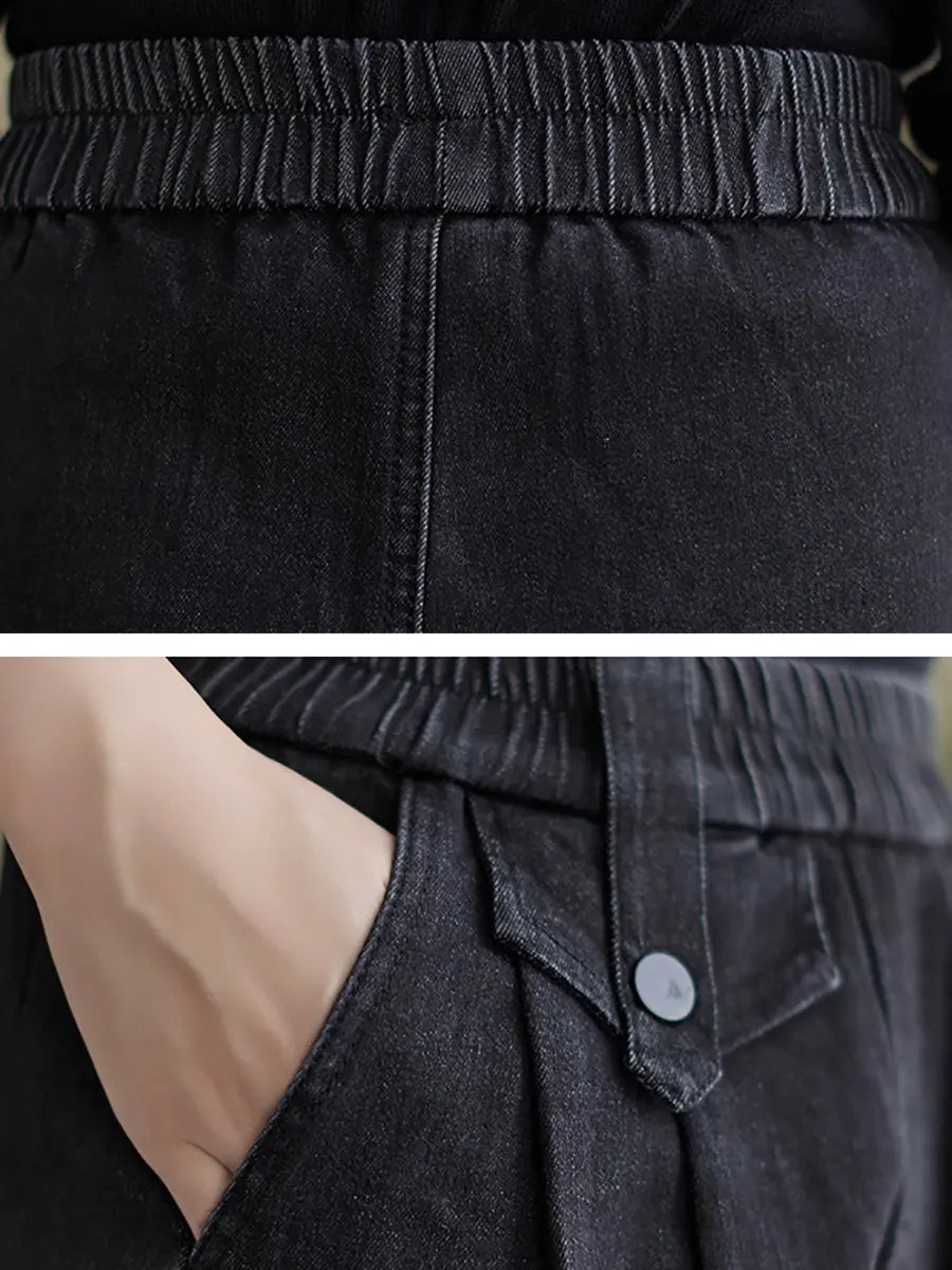 Women Casual Fleece-lined Denim Harem Pants Ada Fashion