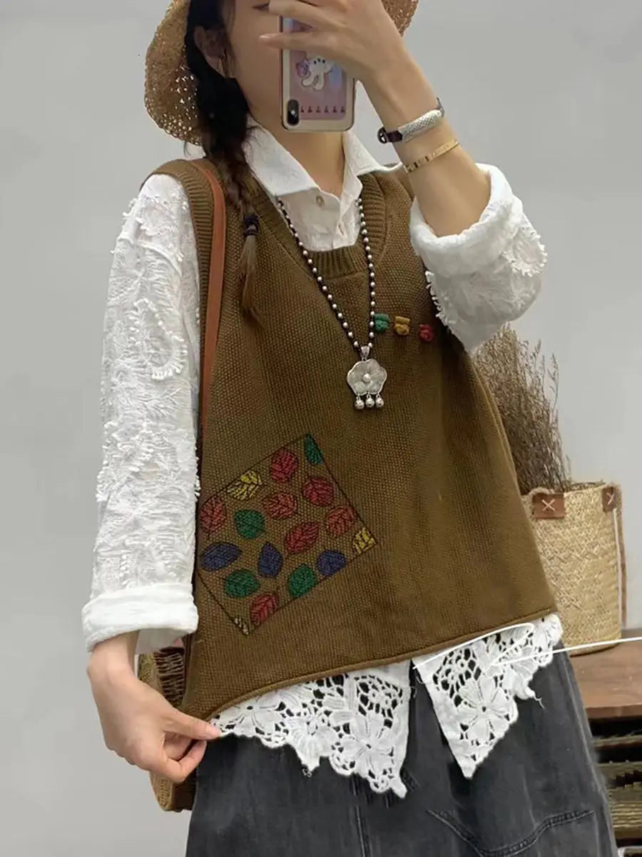 Women Casual Leaf Print Knitted Vest Ada Fashion