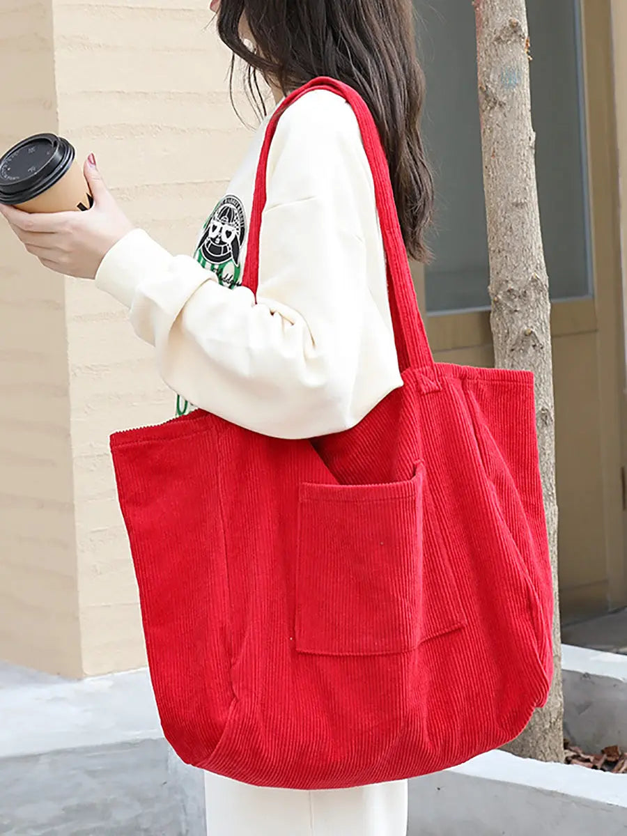 Women Casual Solid Large Corduroy Shoulder Bag Ada Fashion