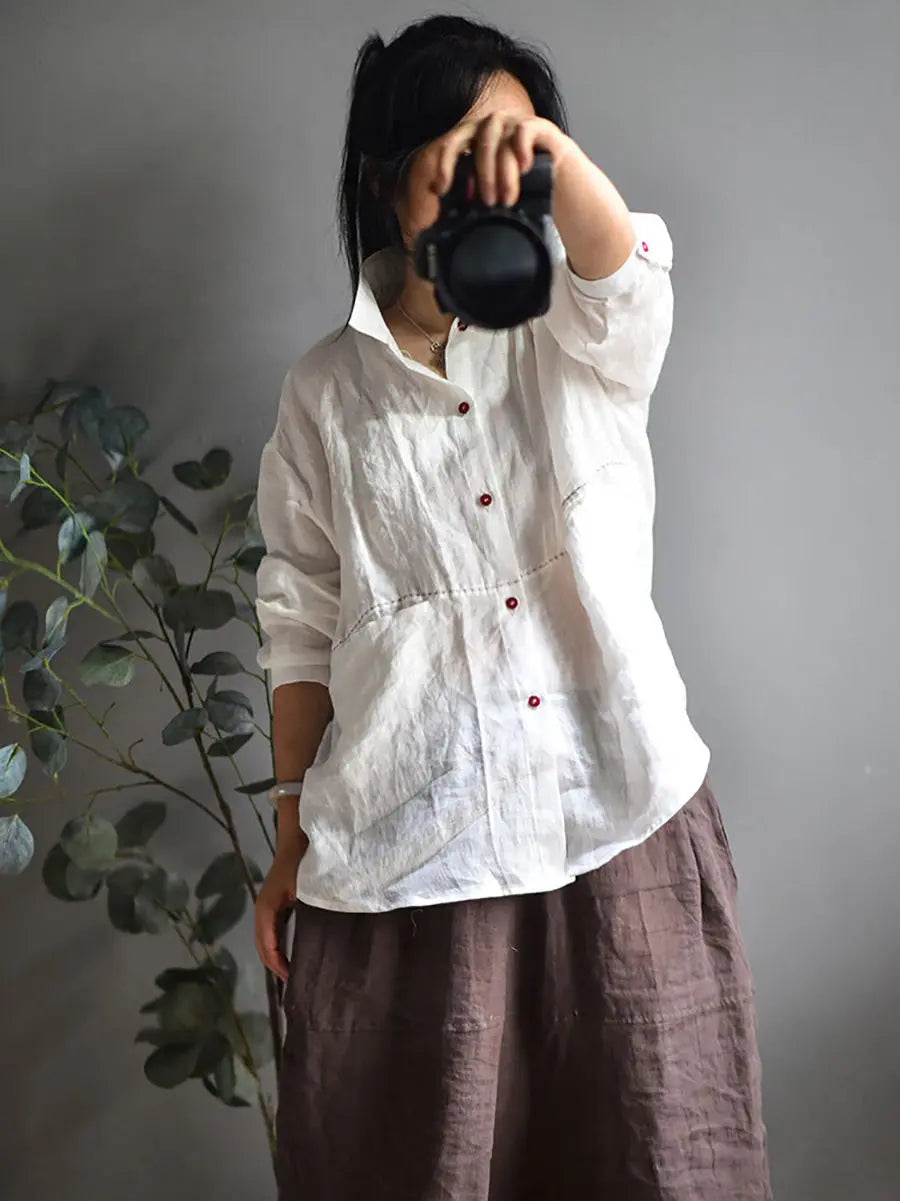 Women Casual Solid Spring Stitching 100%Linen Shirt Ada Fashion