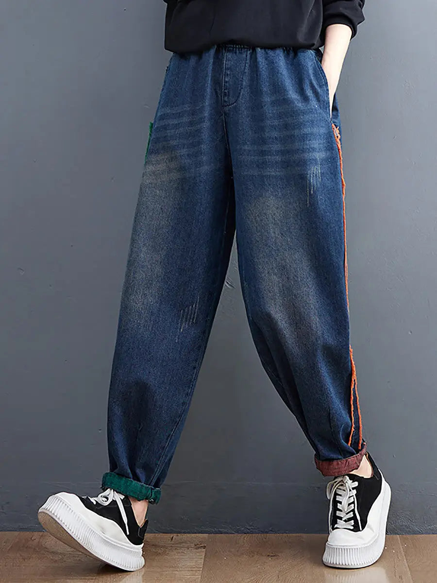 Women Casual Spring Colorblock Raw-edge Denim Pants Ada Fashion