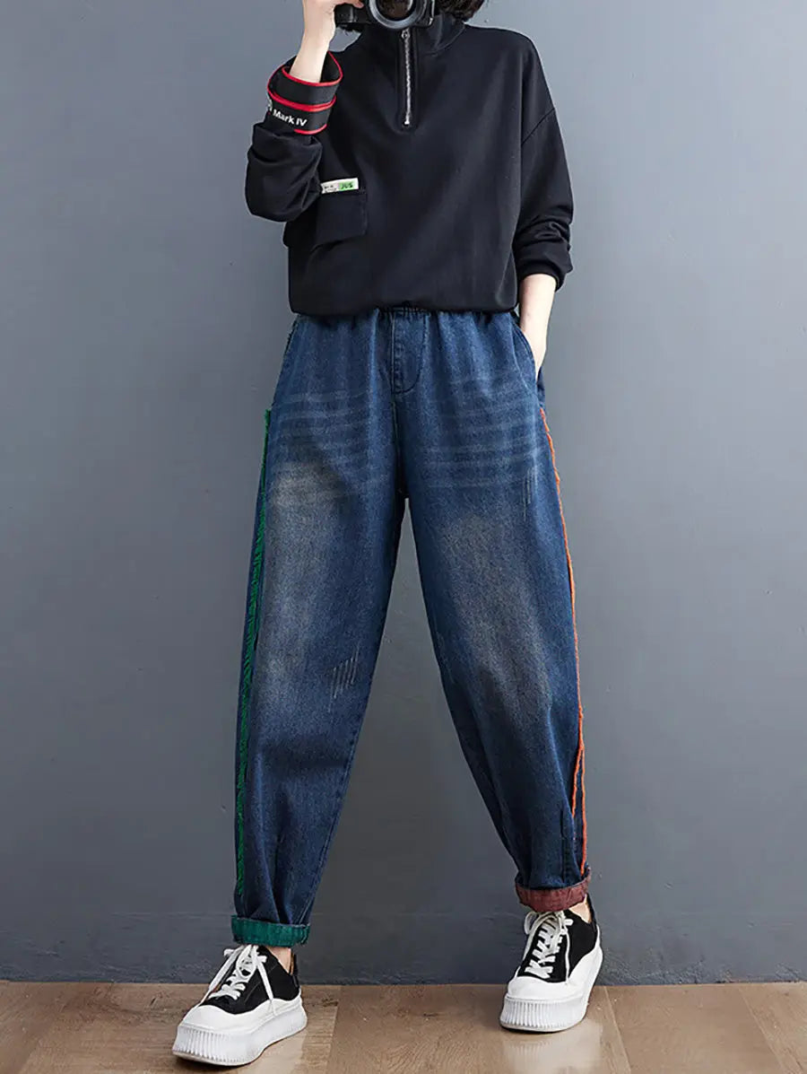 Women Casual Spring Colorblock Raw-edge Denim Pants Ada Fashion