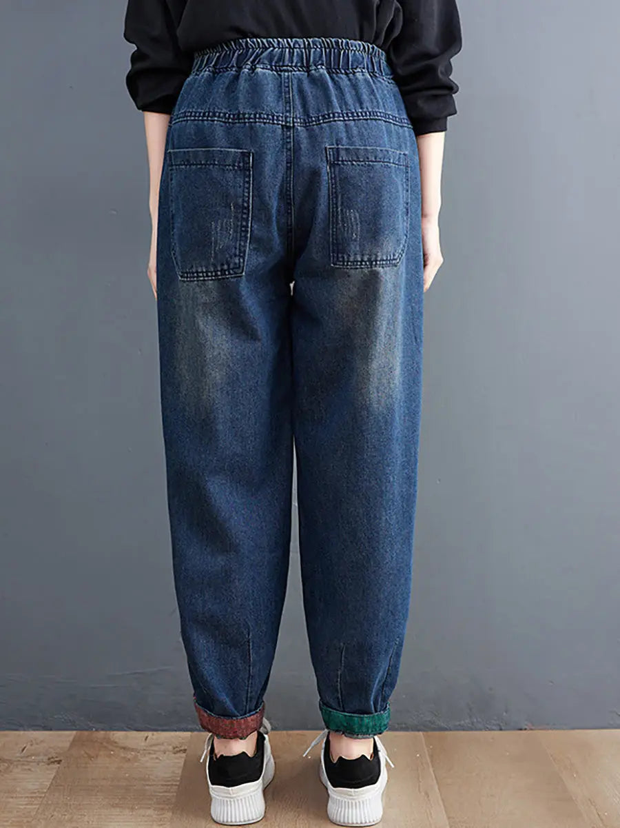 Women Casual Spring Colorblock Raw-edge Denim Pants Ada Fashion