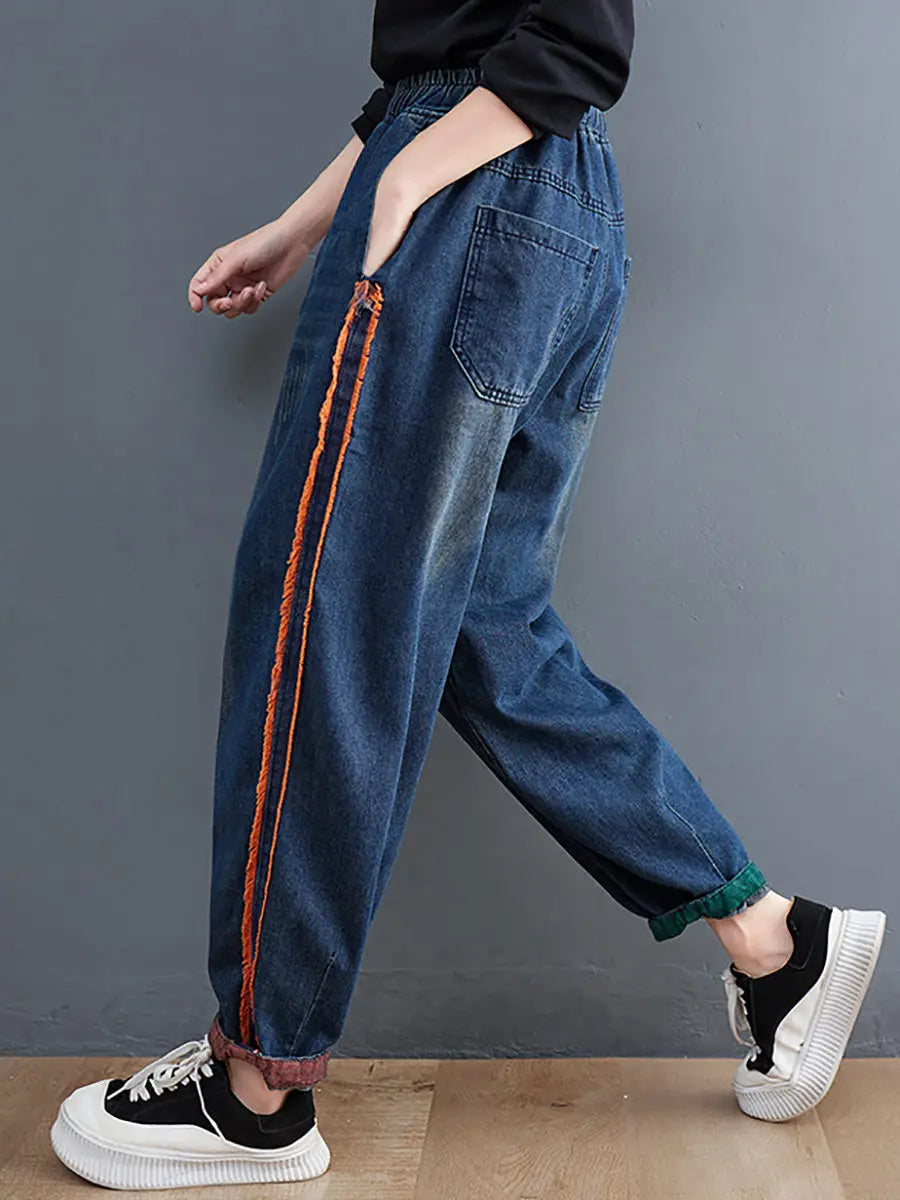 Women Casual Spring Colorblock Raw-edge Denim Pants Ada Fashion