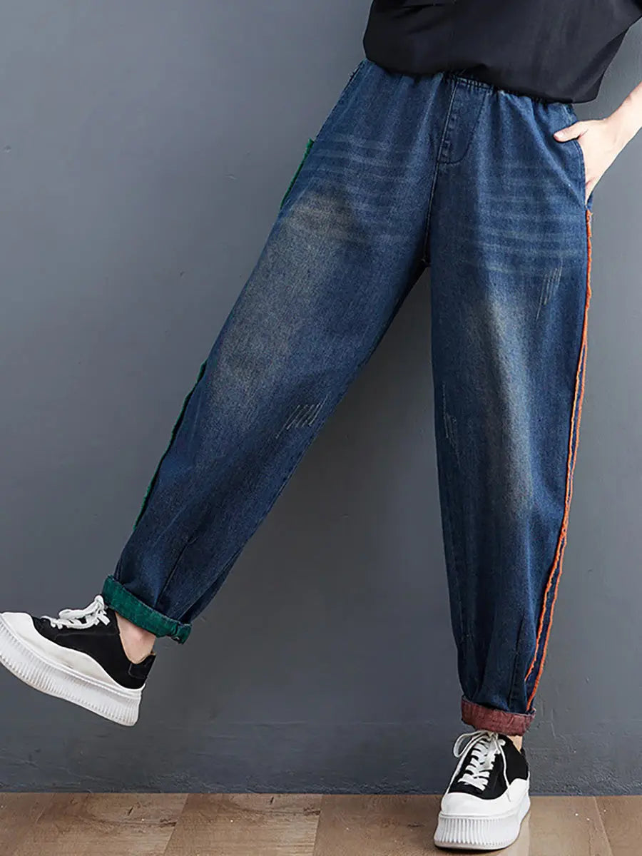 Women Casual Spring Colorblock Raw-edge Denim Pants Ada Fashion