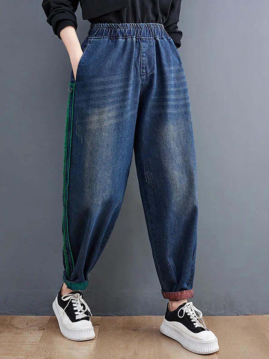 Women Casual Spring Colorblock Raw-edge Denim Pants Ada Fashion