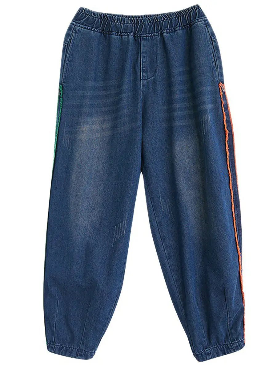 Women Casual Spring Colorblock Raw-edge Denim Pants Ada Fashion