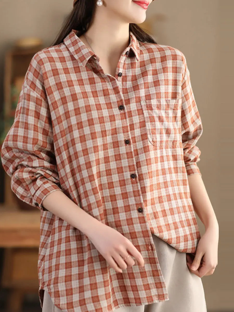 Women Casual Spring Cotton Plaid Shirt Ada Fashion