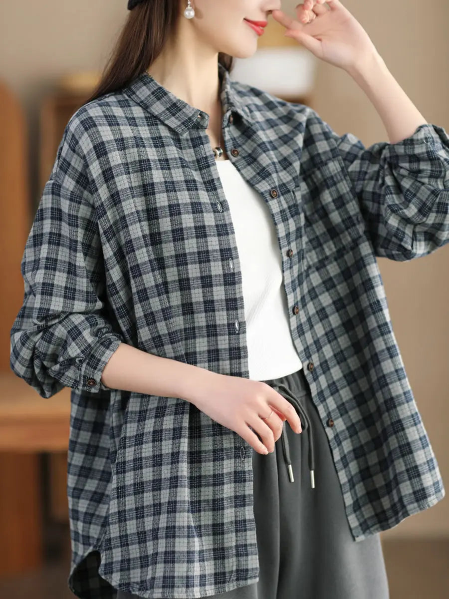 Women Casual Spring Cotton Plaid Shirt Ada Fashion