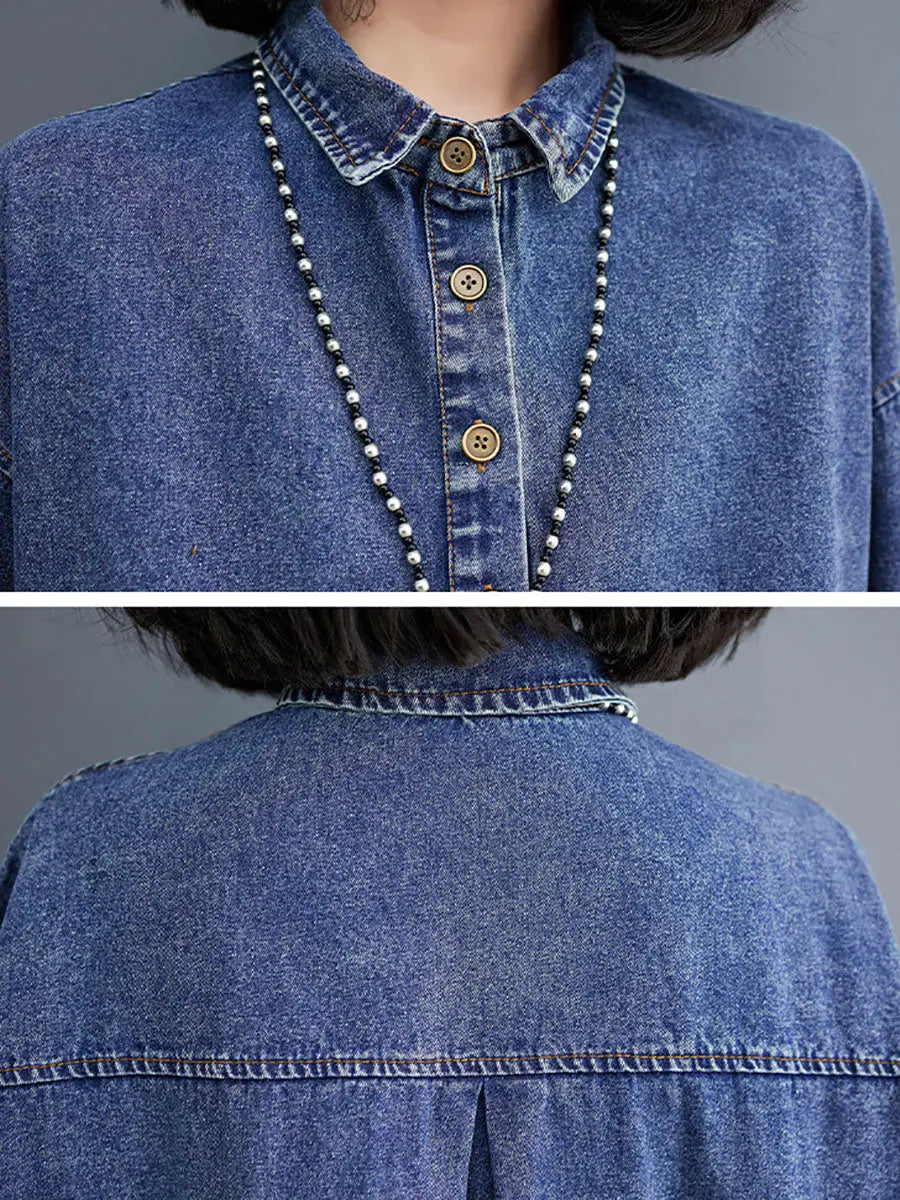 Women Casual Spring Solid Stitching Denim Long Shirt Ada Fashion