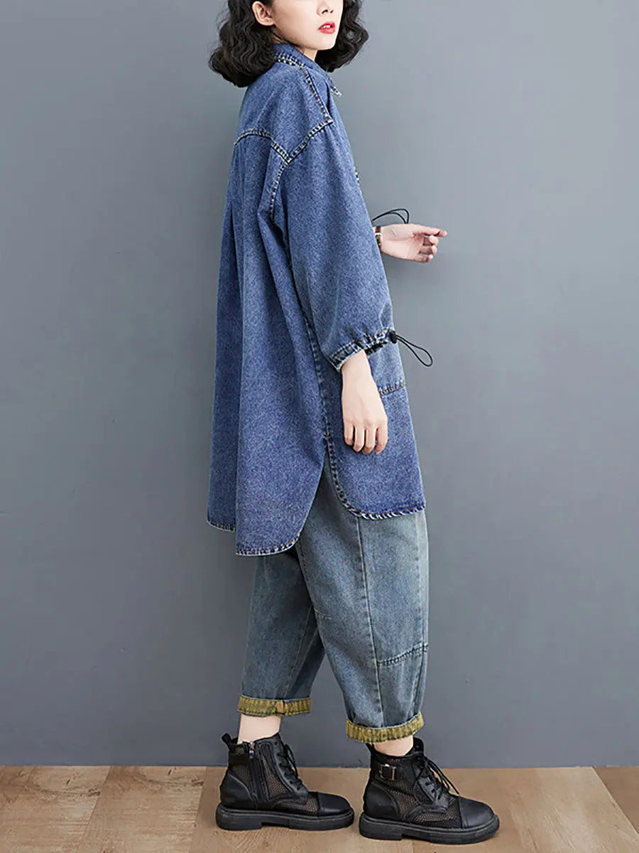 Women Casual Spring Solid Stitching Denim Long Shirt Ada Fashion