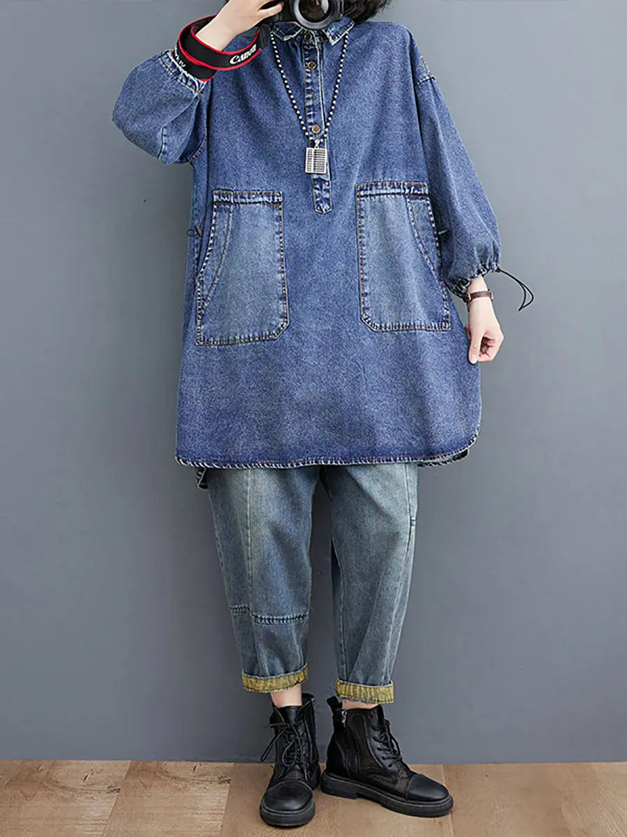 Women Casual Spring Solid Stitching Denim Long Shirt Ada Fashion