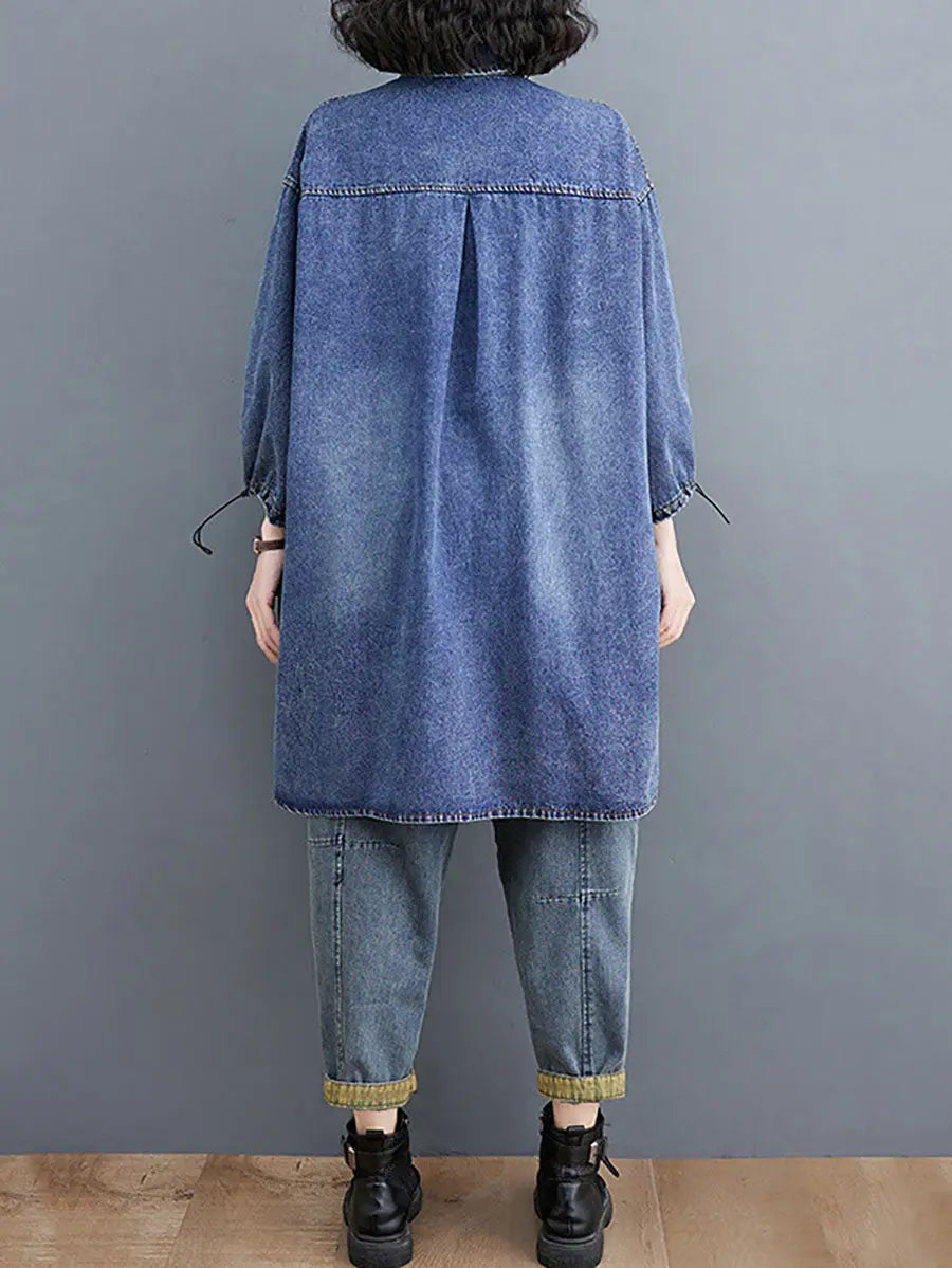 Women Casual Spring Solid Stitching Denim Long Shirt Ada Fashion