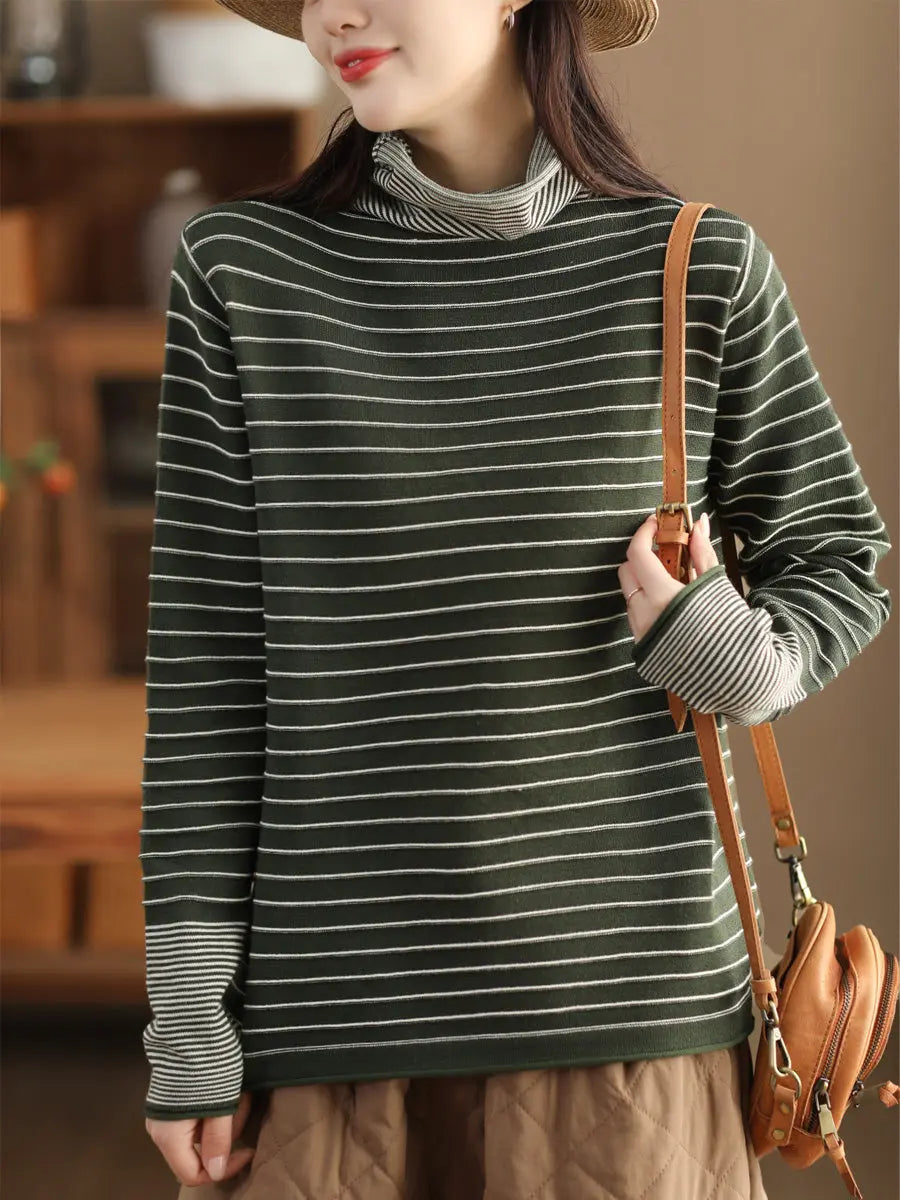 Women Casual Stripe Spliced Turtleneck Warm Sweatshirt Ada Fashion