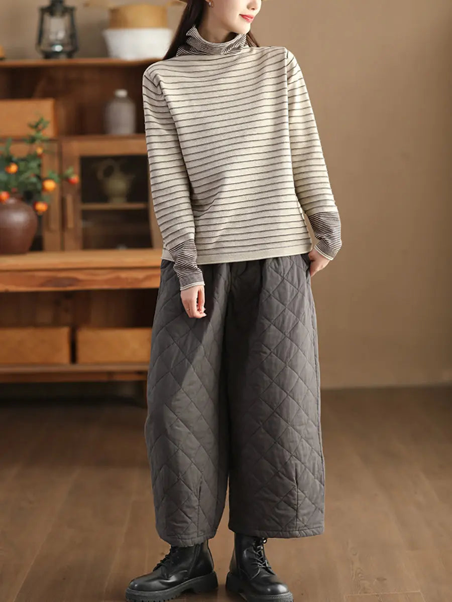 Women Casual Stripe Spliced Turtleneck Warm Sweatshirt Ada Fashion