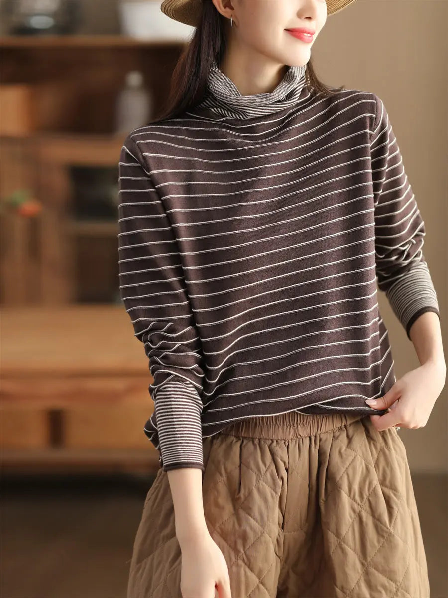 Women Casual Stripe Spliced Turtleneck Warm Sweatshirt Ada Fashion