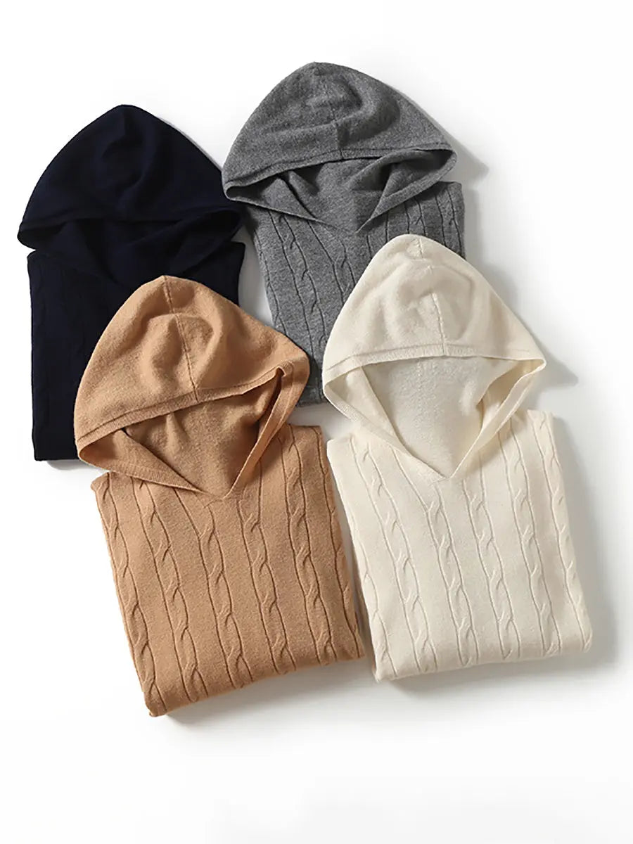 Women Casual Winter Solid Twist Hooded Wool Sweater Ada Fashion