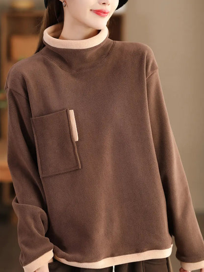 Women Casual Winter Spliced Turtleneck Fleece Sweatshirt Ada Fashion