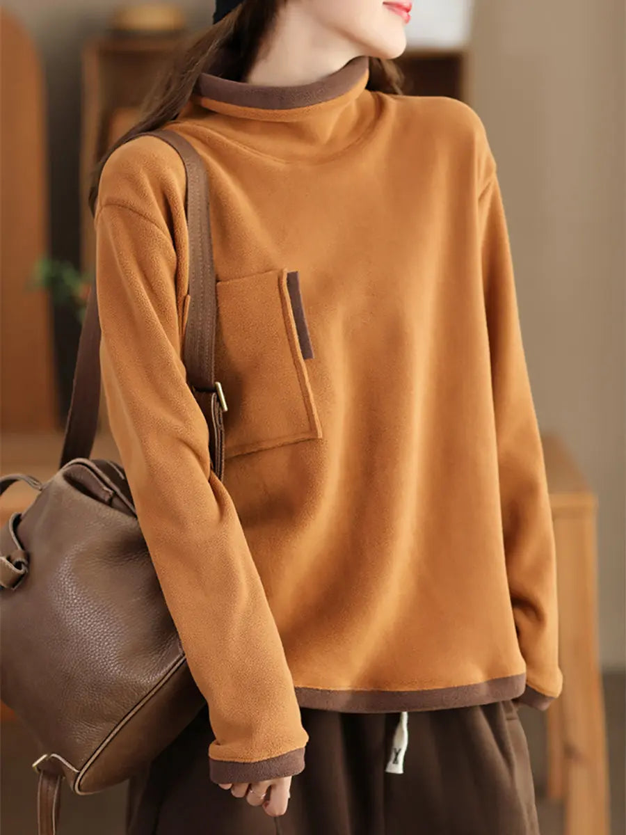 Women Casual Winter Spliced Turtleneck Fleece Sweatshirt Ada Fashion