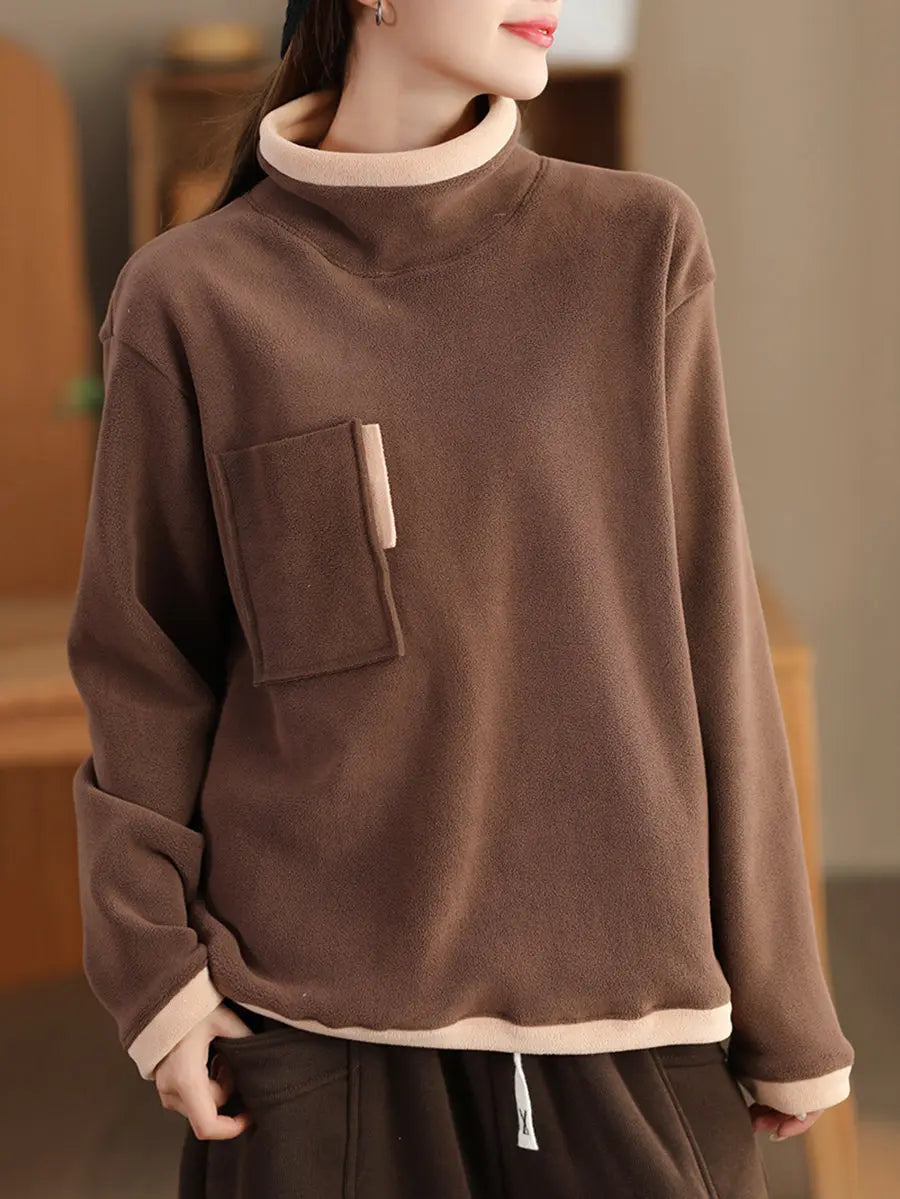 Women Casual Winter Spliced Turtleneck Fleece Sweatshirt Ada Fashion