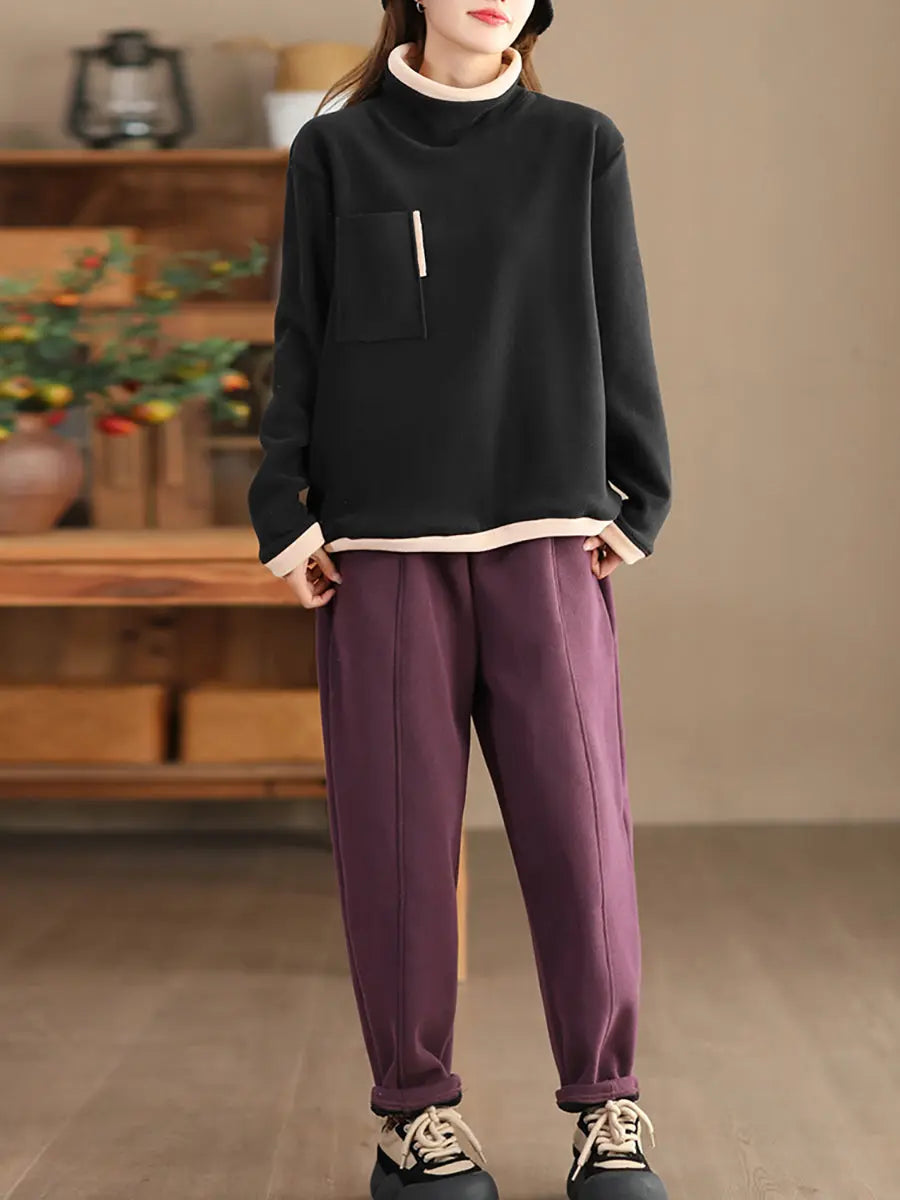 Women Casual Winter Spliced Turtleneck Fleece Sweatshirt Ada Fashion