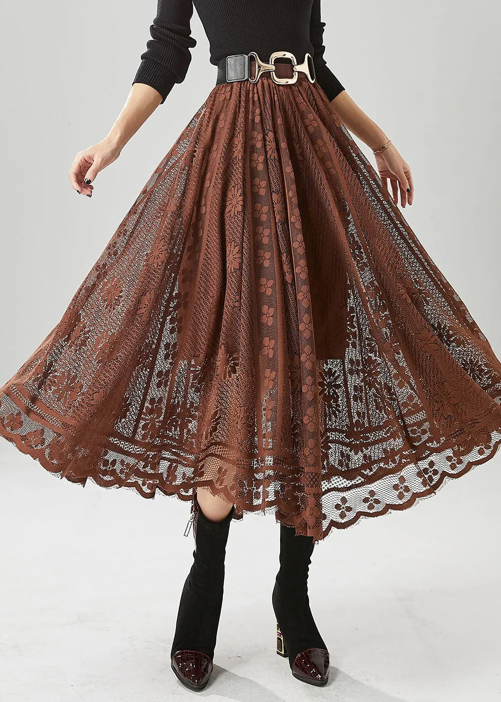 Women Coffee Hollow Out Exra Large Hem Lace Skirts Fall Ada Fashion