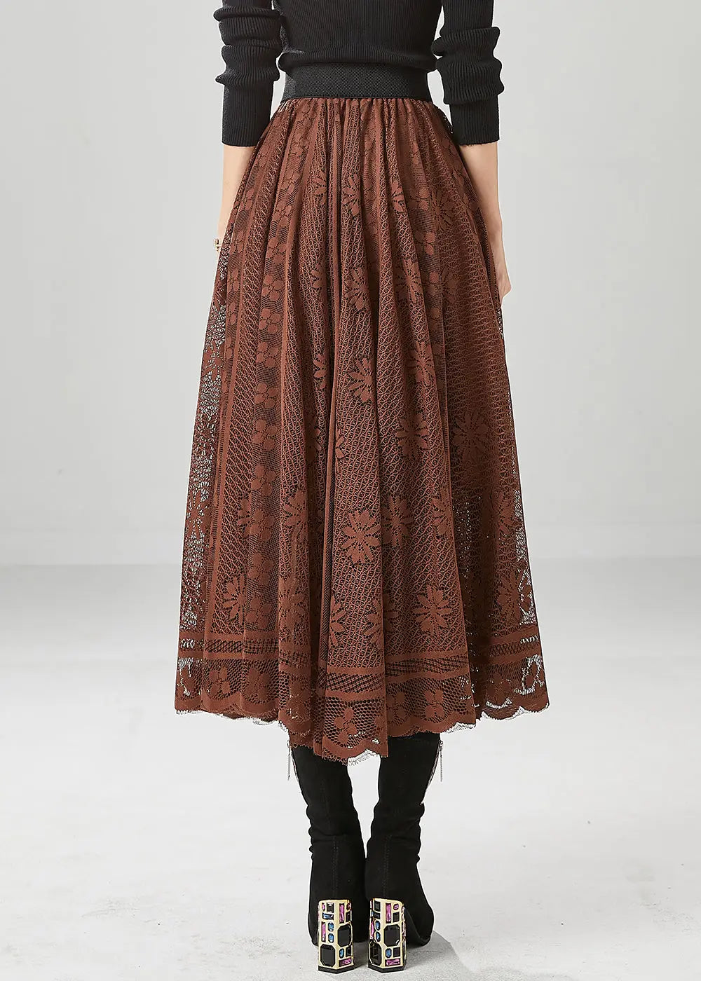 Women Coffee Hollow Out Exra Large Hem Lace Skirts Fall Ada Fashion