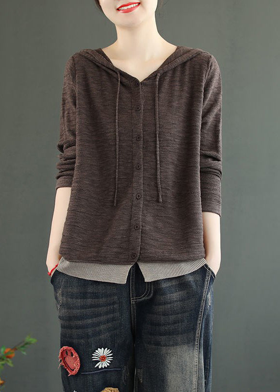 Women Coffee Hooded Button Patchwork Knitting Cotton Top Fall Ada Fashion