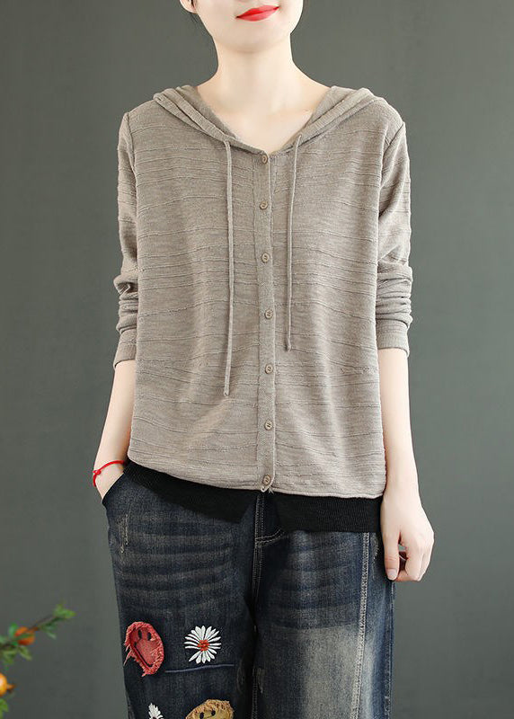 Women Coffee Hooded Button Patchwork Knitting Cotton Top Fall Ada Fashion