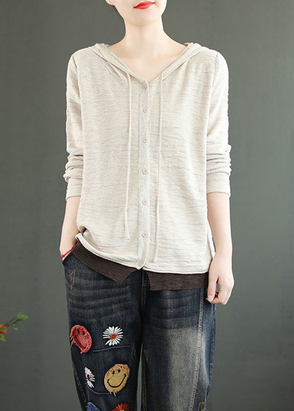 Women Coffee Hooded Button Patchwork Knitting Cotton Top Fall Ada Fashion