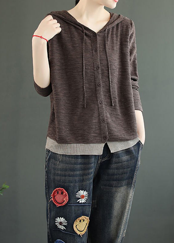 Women Coffee Hooded Button Patchwork Knitting Cotton Top Fall Ada Fashion