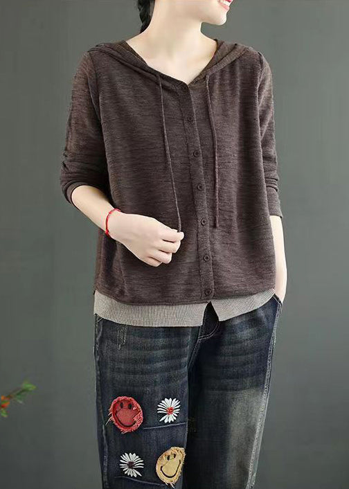 Women Coffee Hooded Button Patchwork Knitting Cotton Top Fall Ada Fashion