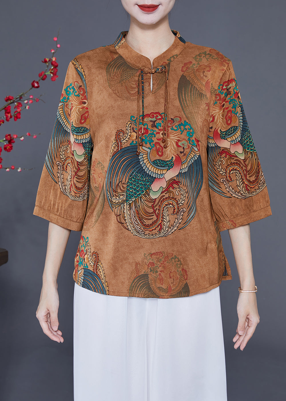 Women Coffee Mandarin Collar Chinese Button Tassel Print Silk Top Bracelet Sleeve LY2350 - fabuloryshop