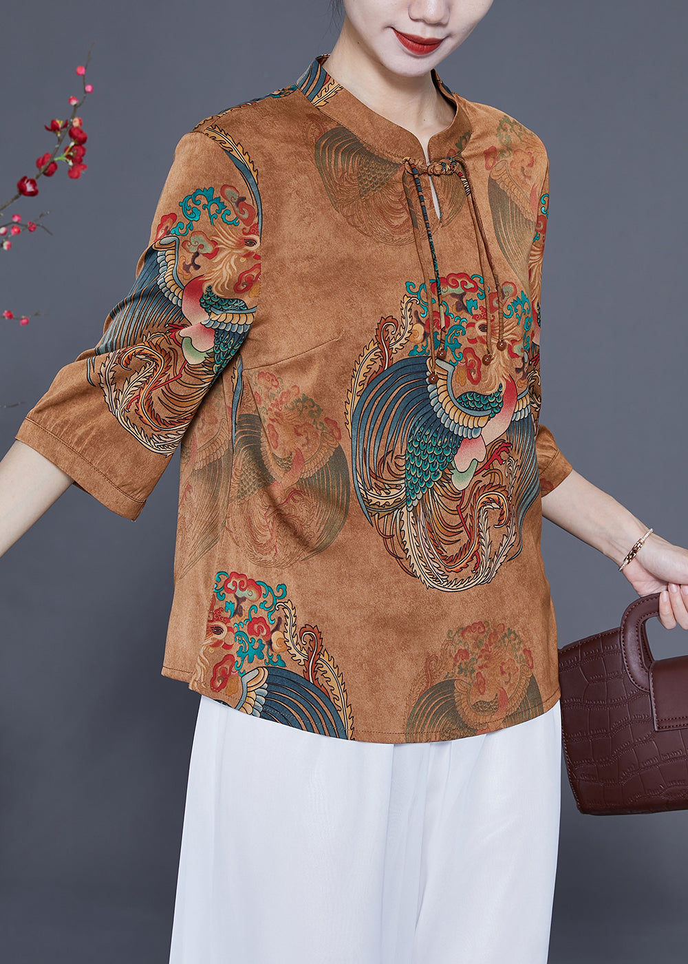 Women Coffee Mandarin Collar Chinese Button Tassel Print Silk Top Bracelet Sleeve LY2350 - fabuloryshop