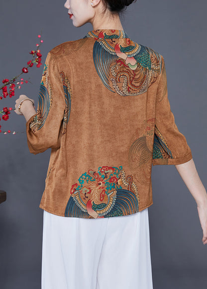 Women Coffee Mandarin Collar Chinese Button Tassel Print Silk Top Bracelet Sleeve LY2350 - fabuloryshop