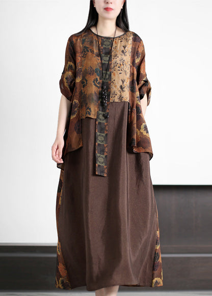 Women Coffee O-Neck Asymmetrical Print Silk Long Dress Summer LY5197 - fabuloryshop