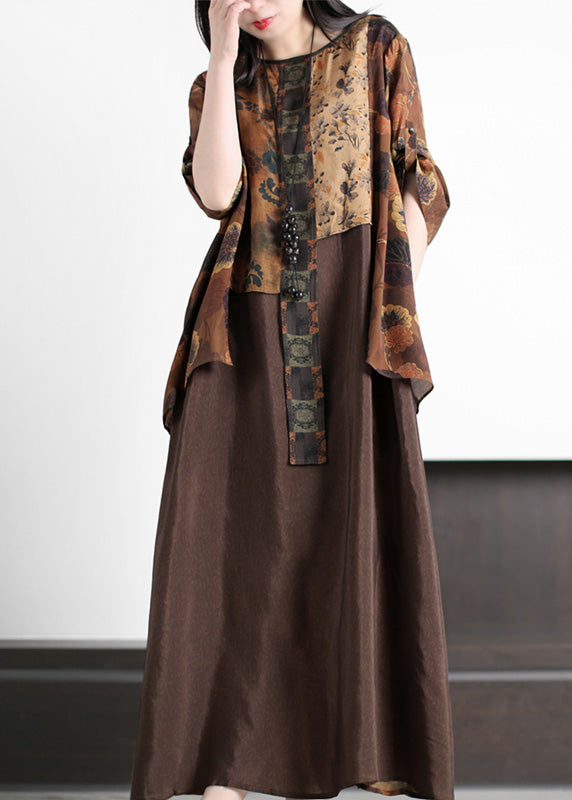 Women Coffee O-Neck Asymmetrical Print Silk Long Dress Summer LY5197 - fabuloryshop