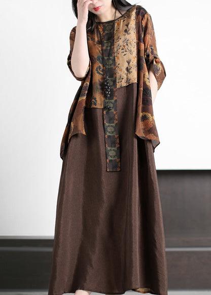 Women Coffee O-Neck Asymmetrical Print Silk Long Dress Summer LY5197 - fabuloryshop