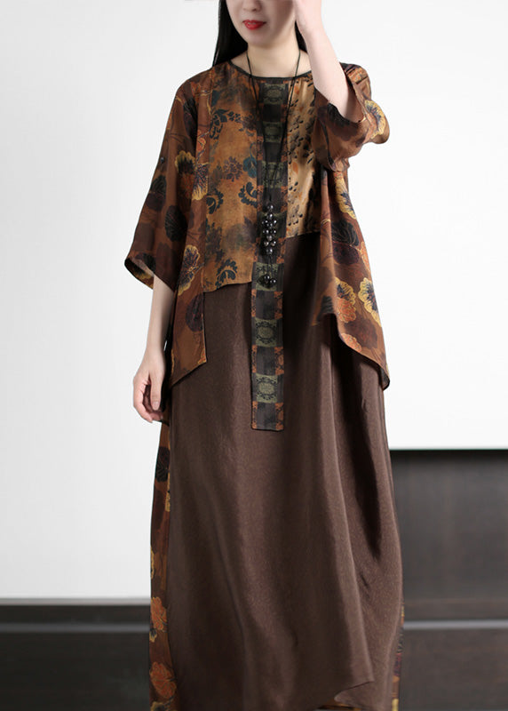 Women Coffee O-Neck Asymmetrical Print Silk Long Dress Summer LY5197 - fabuloryshop