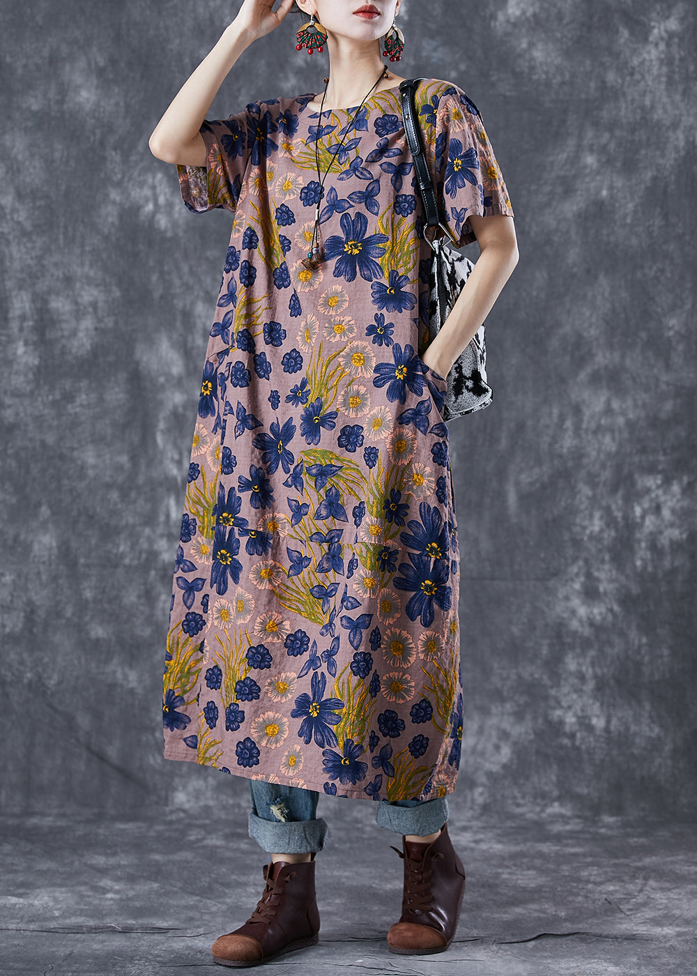 Women Coffee O-Neck Floral Print Linen Long Dress Summer Ada Fashion