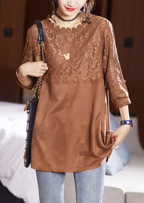 Women Coffee O Neck Lace Patchwork Top Long Sleeve Ada Fashion