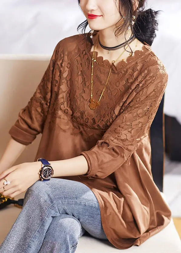 Women Coffee O Neck Lace Patchwork Top Long Sleeve Ada Fashion