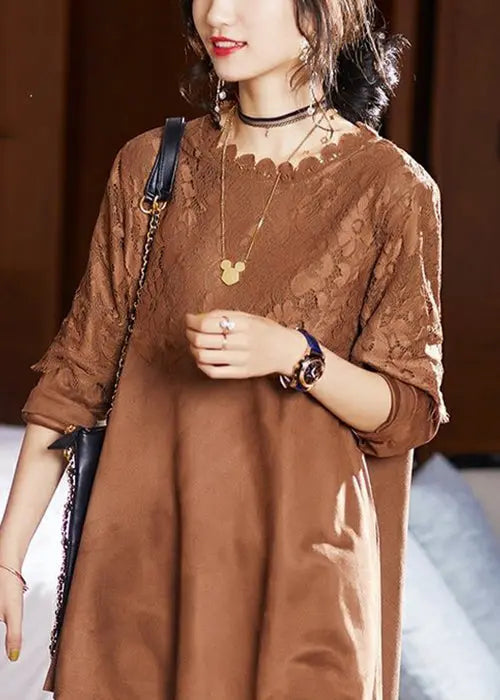 Women Coffee O Neck Lace Patchwork Top Long Sleeve Ada Fashion