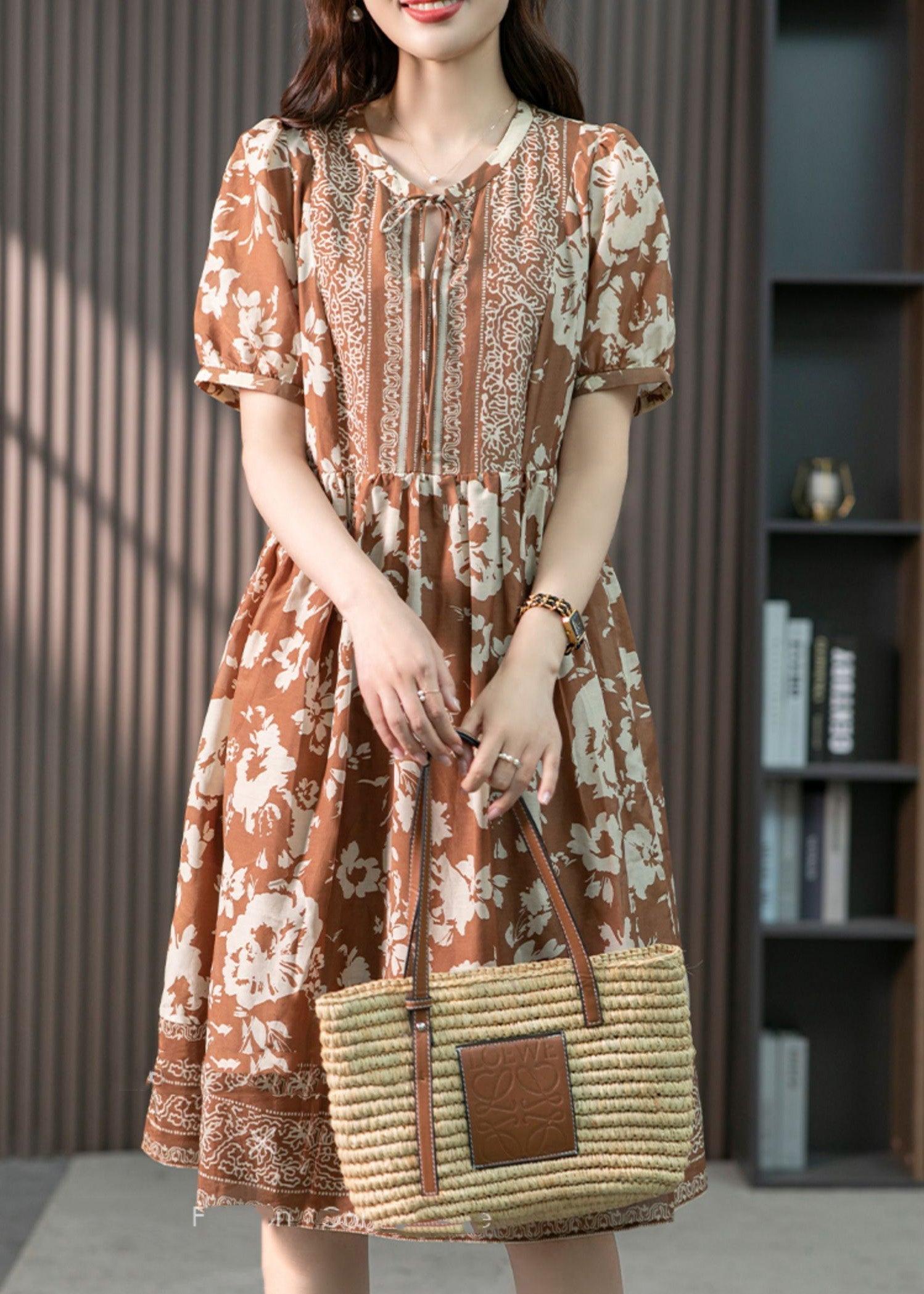 Women Coffee O-Neck Print Patchwork Silk Long Dress Summer LY1747 - fabuloryshop