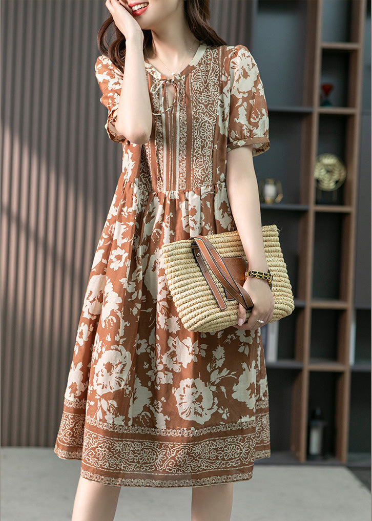 Women Coffee O-Neck Print Patchwork Silk Long Dress Summer LY1747 - fabuloryshop