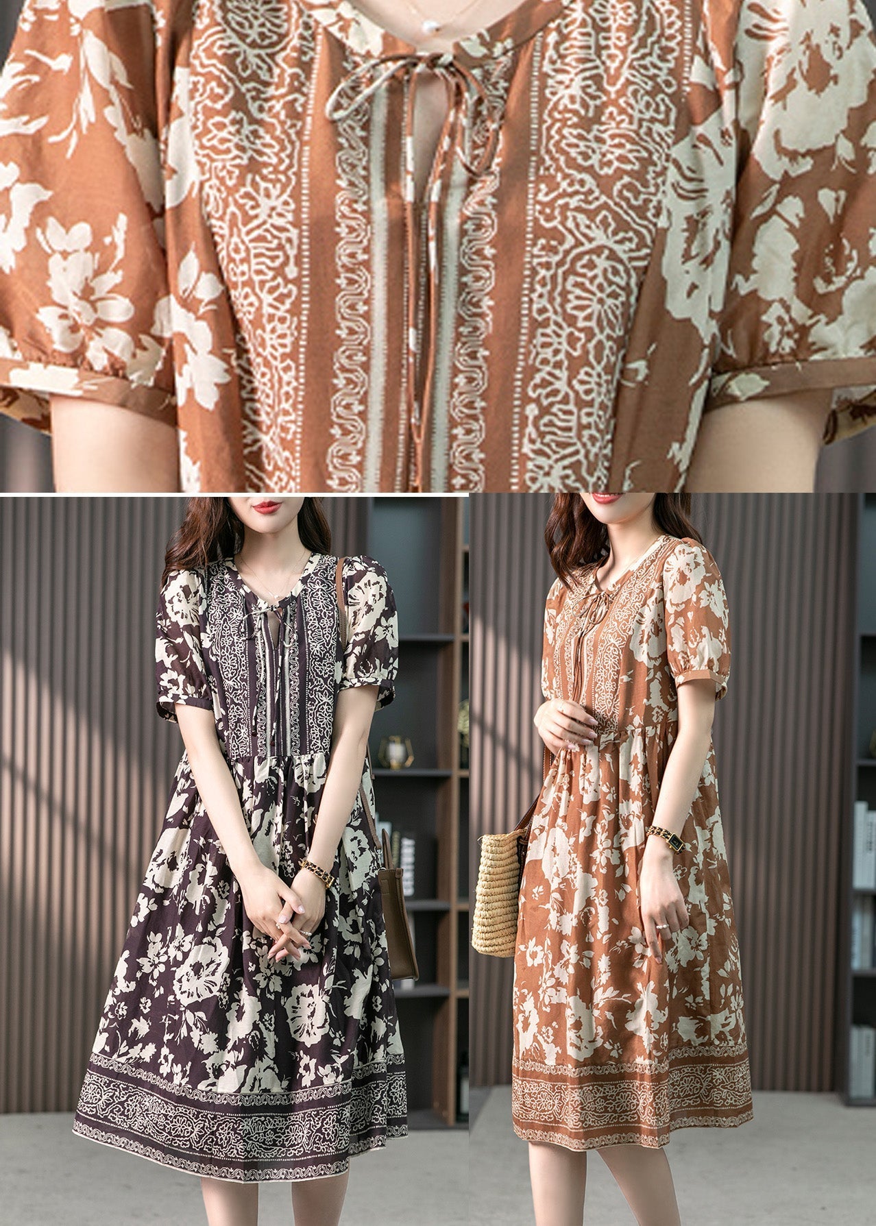 Women Coffee O-Neck Print Patchwork Silk Long Dress Summer LY1747 - fabuloryshop