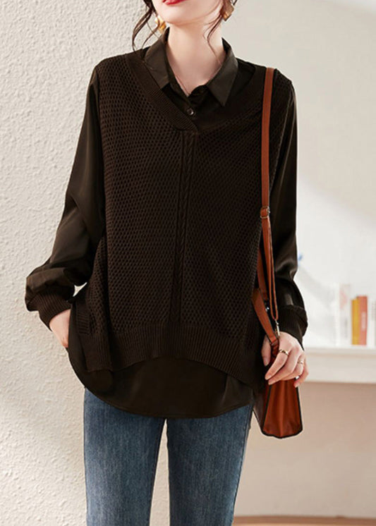 Women Coffee Peter Pan Collar Knit Patchwork Satin Shirts Long Sleeve LY6163 - fabuloryshop